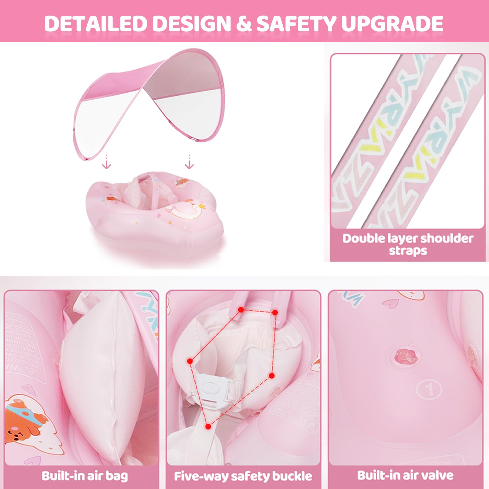 WYRIAZA Baby Schwimmring mit Abnehmbarem Sonnenschutz, Schwimmhilfe Baby ab 3 Monate bis 36 Monate (1 bis 3 Jahre), Schwimmring Baby mit UV-Schutz UPF 50+, Schwimmreifen Baby (Rosa, L(6–36 Monate)) 4