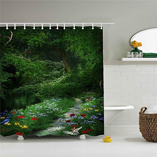 Blue Lower Grass Road Shower Curtain Set Waterproof 69"x84"