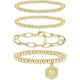doubgood Gold Bracelets for Women, 14K Gold Plated Stackable Initial Beaded Bracelet with Letter Pendant Waterproof Stretch Trendy Stack Jewelry Set Gifts for Women