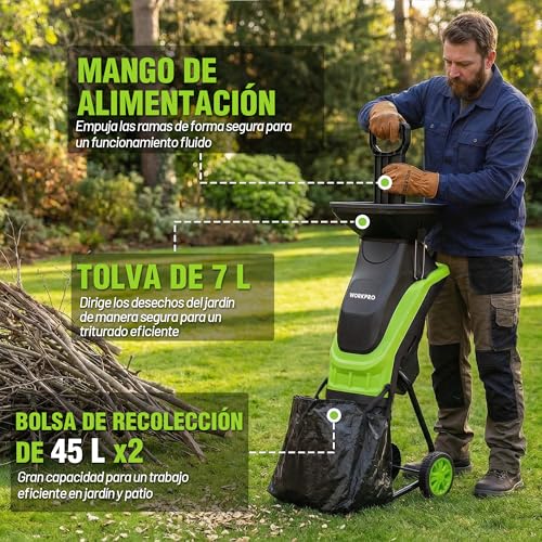 WORKPRO Electric Garden Shredder Blades 2500W with Pruning Shears, Bio-Shredder Branches Ø44 mm, 4300 RPM, Leaf Shredder with 2 Bags of 45 L, Shredder for Garden Waste