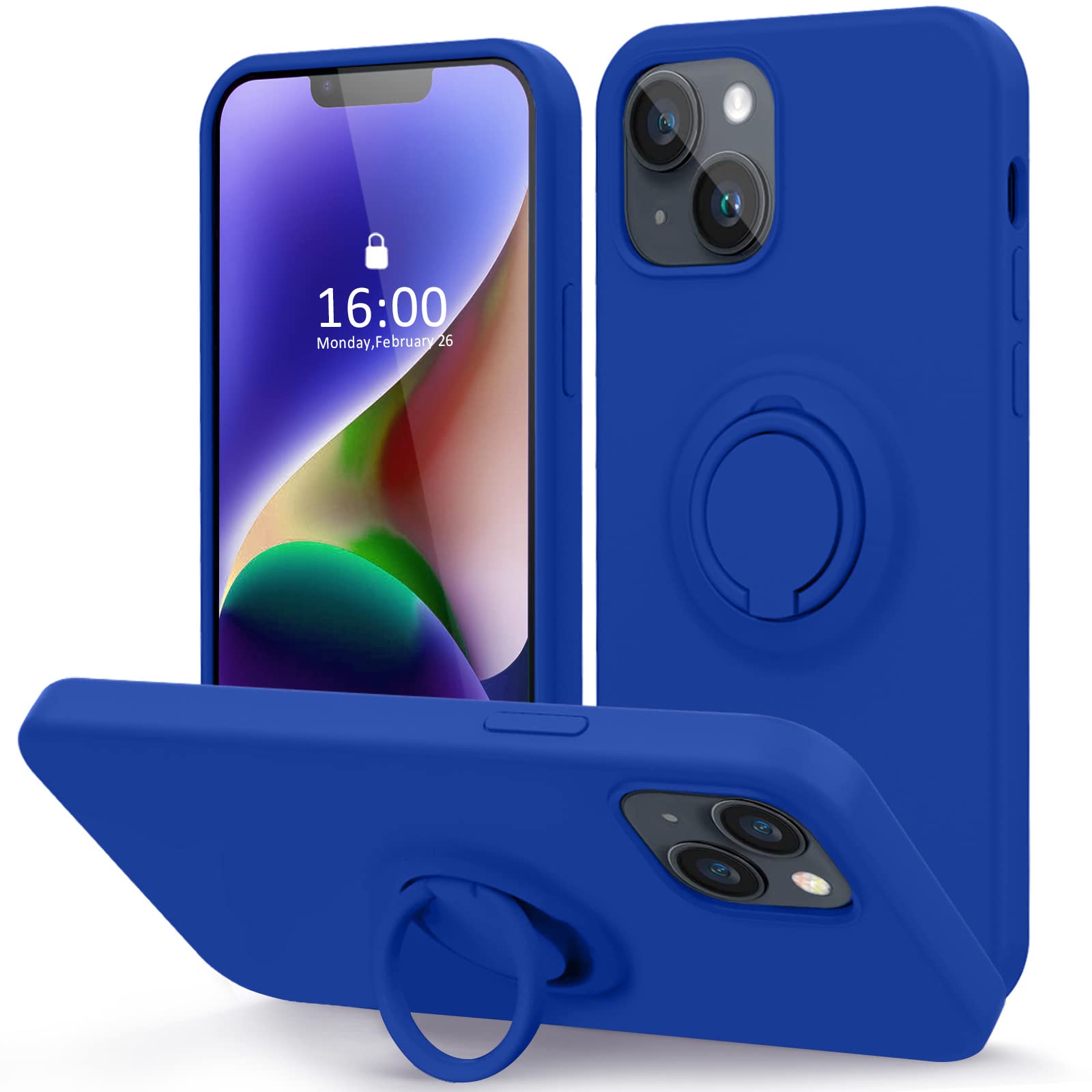 MOCCA Compatible with iPhone 14 Case with Ring Kickstand | Liquid Silicone | Microfiber Linner | Anti-Scratch Full-Body Shockof Protective Case for iPhone 14 6.1inch - Klein Blue