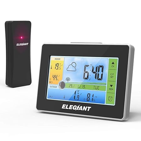 Wetterstation Funk mit Außensensor, ELEGIANT Funkwetterstation Digitaler Thermometer-Hygrometer für Innen Außen, Mondphasen, 