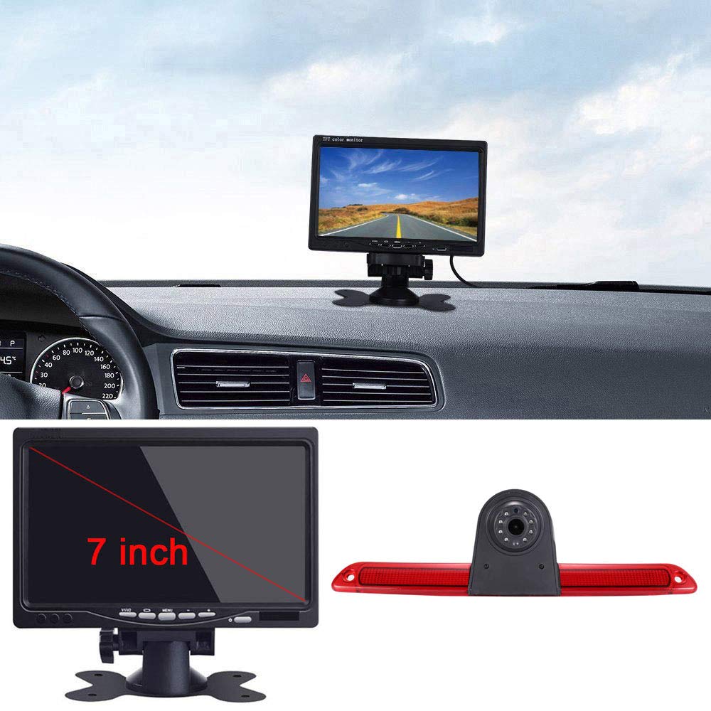 HD IP68 Third Roof Top Mount Brake Lamp Reverse Rear View Backup Camera Angle and distance Adjustable IR Night Vision for Benz Sprinter W906/Transit Ducato Crafter Master Caravelle +7" inch monitor