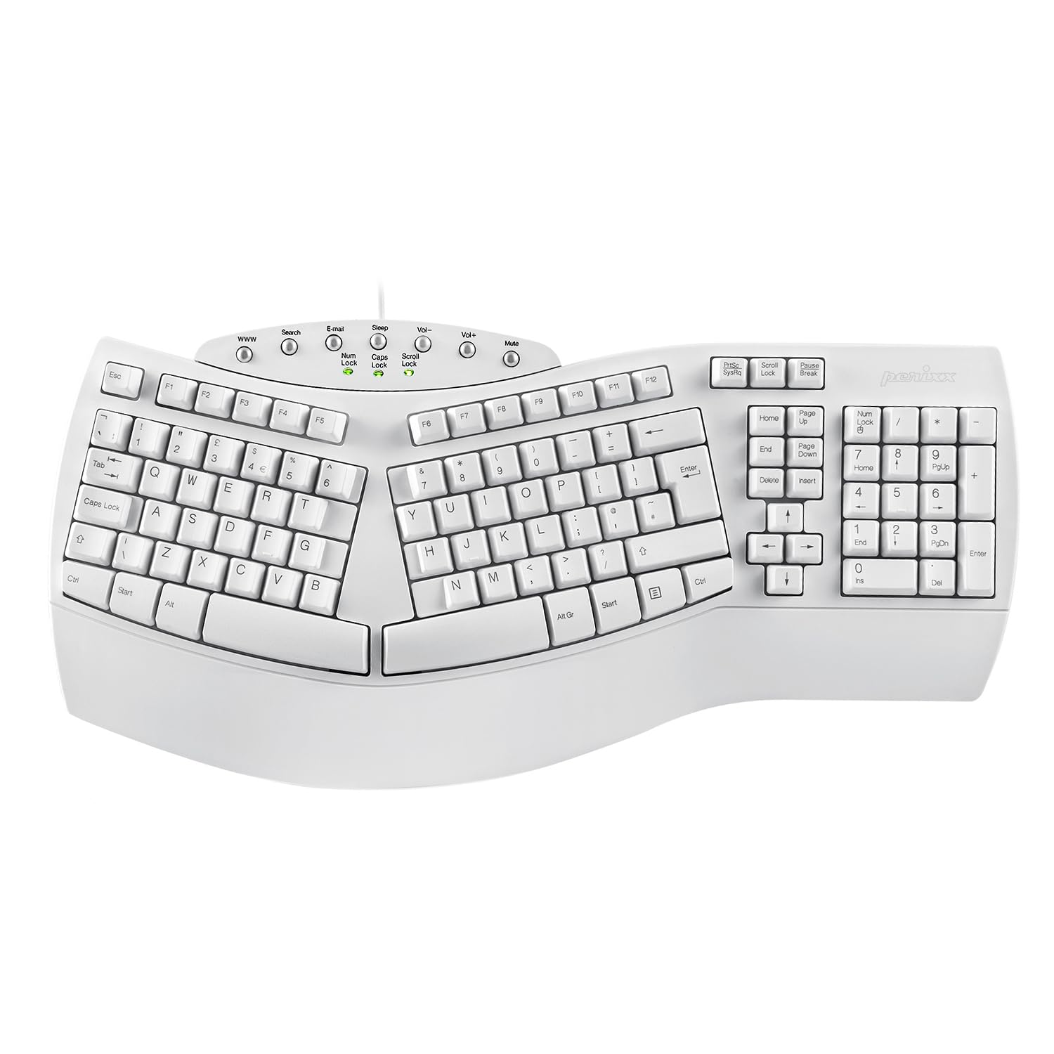 perixx PERIBOARD-512 Wired Ergonomic Natural Split Keyboard with 7 Multimedia Keys, White, UK Layout — image 1