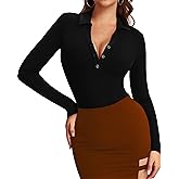 HERLOLLYCHIPS Womens Long Sleeve Collared Polo Tops V Neck Button Down Fitted Shirts