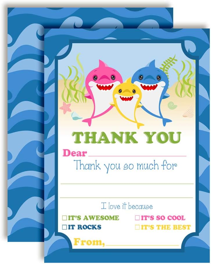 Little Shark Aquatic Baby Themed Thank You Notes for Kids, Ten 4" x 5.5" Fill In The Blank Cards with 10 White Envelopes by AmandaCreation