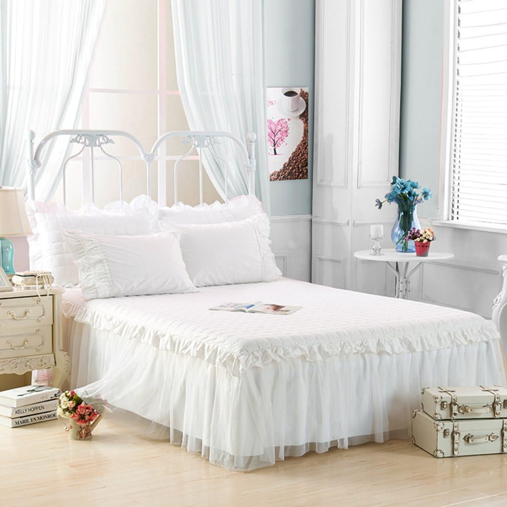 ELYSYSRL 3 Pièce Dentelle Jupe De Lit 180x200/200x200 Ultra-Doux Couvre-lit Princesse Plissé Poussière