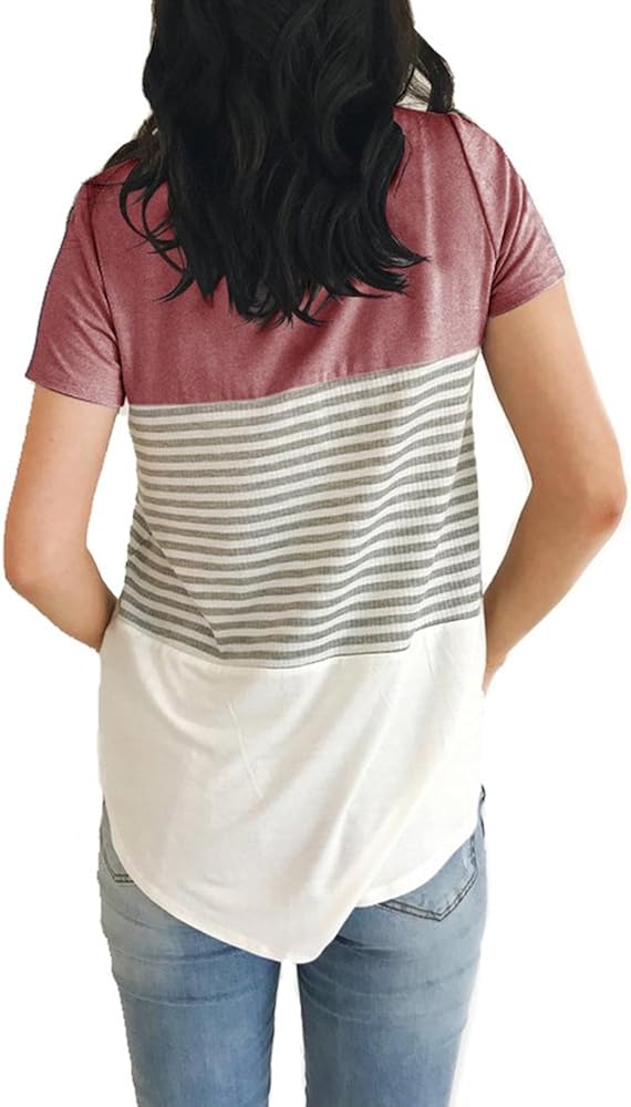 YunJey Round Neck Triple Color Block Stripe T-Shirt at  Women’s Clothing store