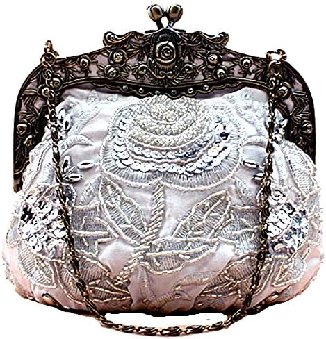 MZZ BEA005 Exquisite Beaded Bridal Accessory Satin Handbag with Rhinestones Fashion Small evening Purse with removable chain Wedding Clutch Holiday Gift - more colors (silver)