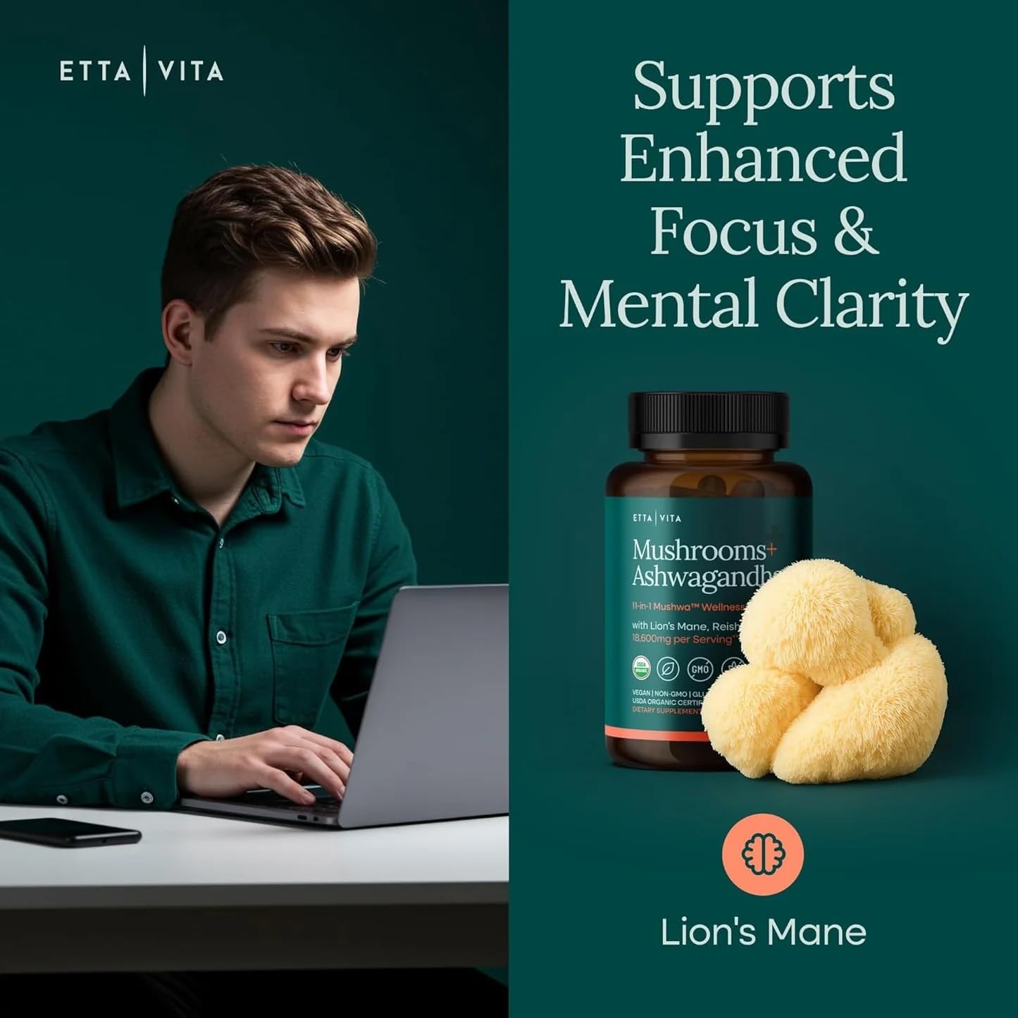 USDA Organic Lions Mane Supplement Capsules with Ashwagandha, Chaga, Reishi, Cordyceps, Turkey Tail (18,600mg/serv) 10x Adaptogenic Mushroom Complex as Focus Supplement - Energy, Immunity & Nootropic