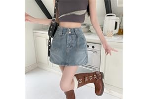 Women's High Waisted Denim Skort Double Button Closure with Functional Patch Pockets and A-Line Silhouette
