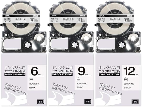 Amazon テプラ テープ Ss6k Ss9k Ss12k 互換品6mm 9mm 12mm テプラpro テープカートリッジ 白テープに黒文字 3サイズセット テープ 文房具 オフィス用品
