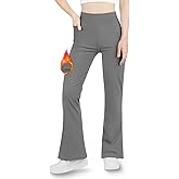 BIG ELEPHANT Girls Fleece Lined Leggings, Youth Winter Warm Athletic Flare Pants with Pockets, Kids Bell Bottoms