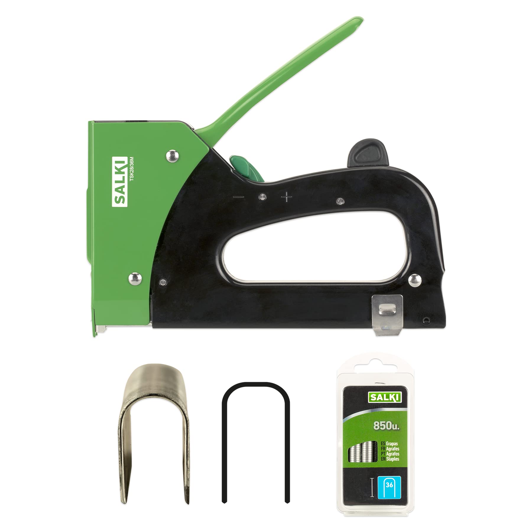 SALKI Manual Metal Stapler Pack – Tool for Stapling Wiring TSK28/36M with Force Regulator, Safety Lock on The Handle and Coupled Spring Plate + Blister of 850 Staples 36/12 mm