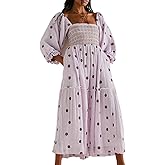 Yeenily Women Bohemian Floral Dress Lantern Sleeve Square Neck Flower Embroidered Maxi Dress Flowy High Waist Long Dress