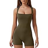QINSEN Womens Strappy Square Neck Tank Top Tummy Control Bodycon Stretch Shorts Jumpsuit Outfits