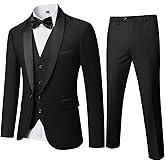 MY'S Mens 3 Piece Tuxedo Set with Bow Tie, Shawl Lapel One Button Jacket Vest & Pants, Slim Fit Suit Prom Party Wedding Tux
