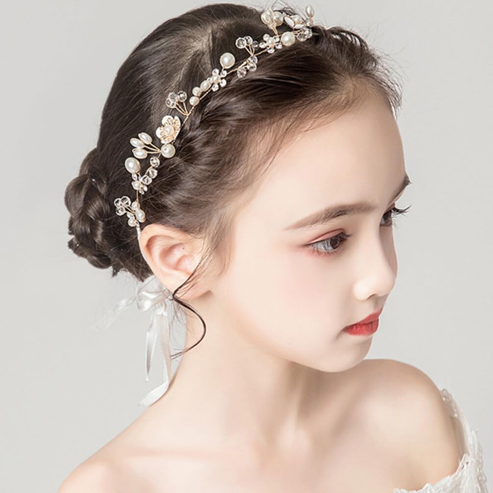Lurrose Pearl Rhinestone Hair Princess Wedding Ribbon Headpiece Crystal Headwear Pearl Hair Decorations for Bride