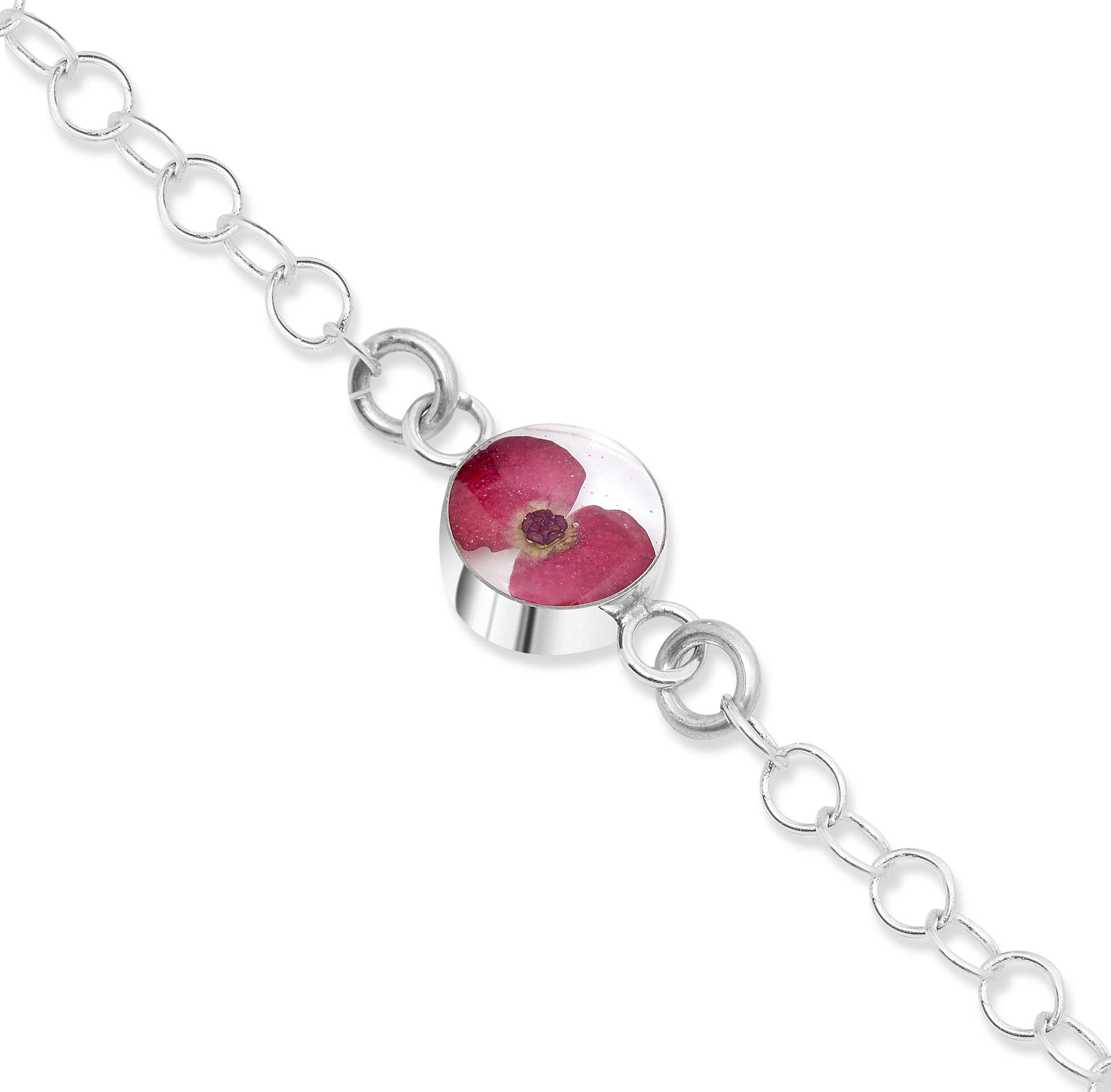 Shrieking Violet 925 Sterling Silver Round Links Real Flower Bracelet - Poppy (Red)