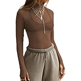 Sheer Going Out Tops for Women Sexy Long Sleeve Mock Neck Lace Spring See Through Tops Stretchy Trendy Shirts Blouse