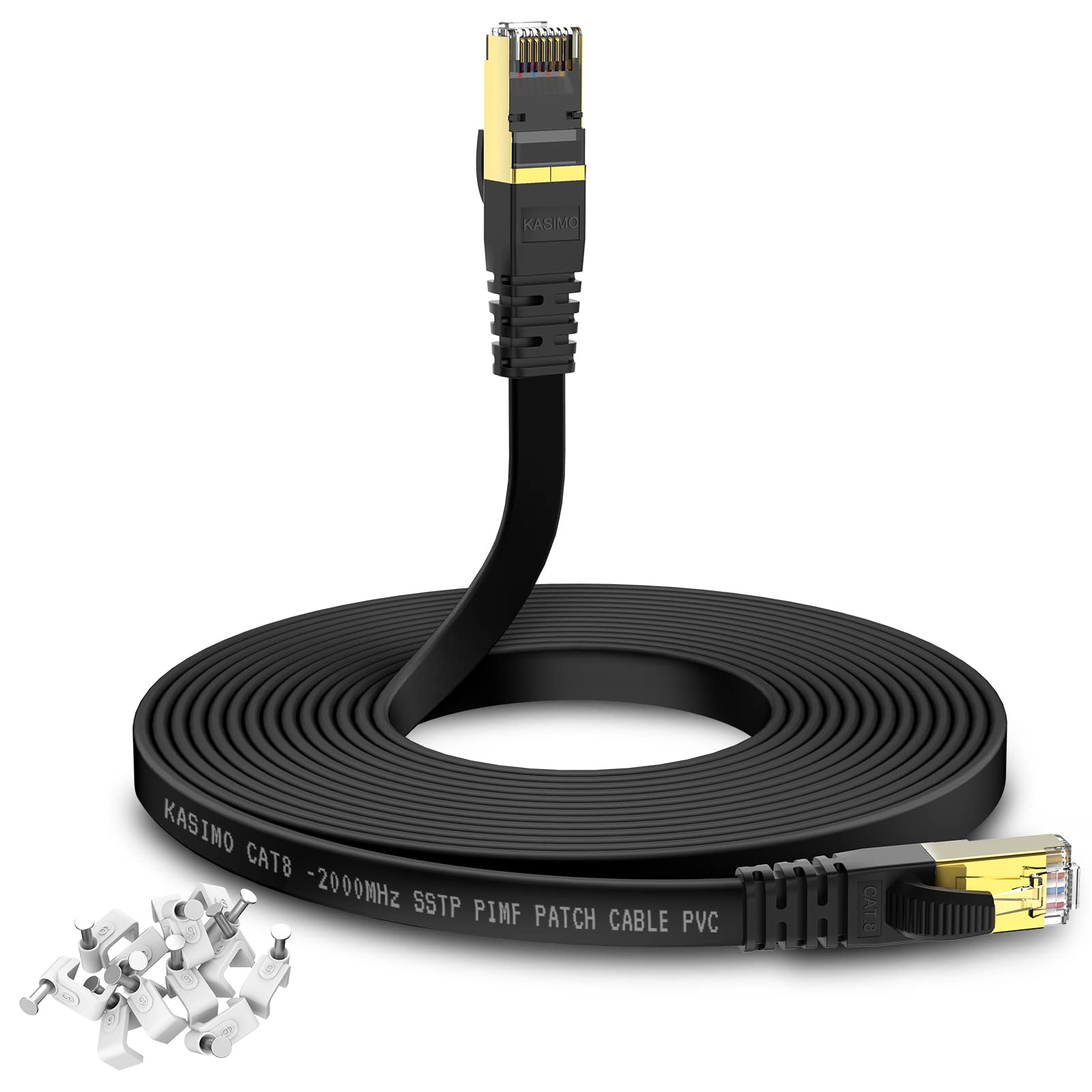 KASIMO Cat 8 Flat Ethernet Cable 20M - 40Gbps 2000MHz High Speed Network Patch Cord With RJ45 Connector for Router, Modem, Switch, Gaming, Xbox - SSTP Internet LAN Cable With Clips — image 1