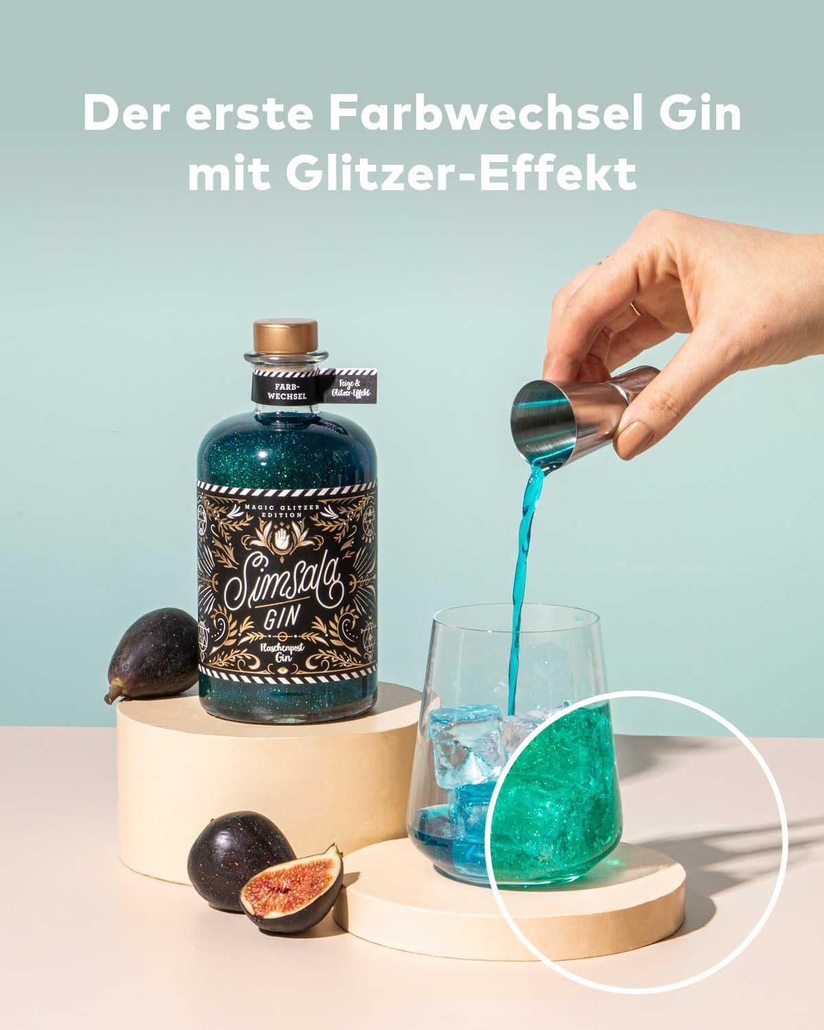 SIMSALA GIN MIT GLITZER by Flaschenpost – Handmade Zauber Gin mit Glitzer & Farbwechsel von blau zu grün verfeinert mit Feige – Limited Edition (0,5 l) 2