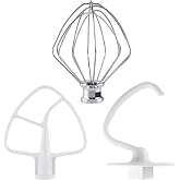 3-Piece Kit Attachments for KitchenAid Tilt-Head Stand Mixer, Accessories Stainless Steel K45WW Wire Whip, K45DH Dough Hook and K45B Coated Flat Blade Paddle with Scraper