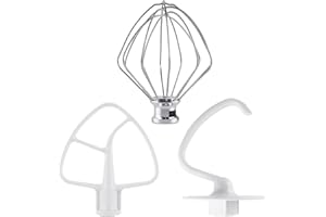 MEET JUICE 3-Piece Kit Attachments for KitchenAid Tilt-Head Stand Mixer, Accessories Stainless Steel K45WW Wire Whip, K45DH Dough Hook and K45B Coated Flat Blade Paddle with Scraper