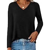 Ovanviso Womens V Neck Long Sleeve Shirts Casual Curved Hem Tunic Tops Basic Loose Fit T Shirts Tees