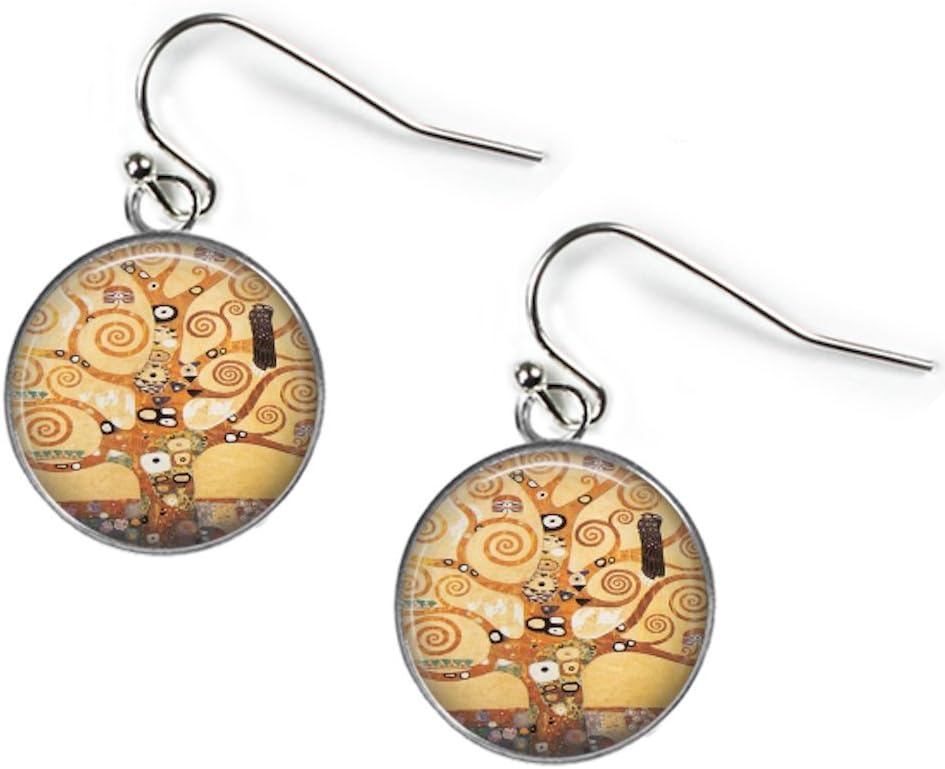 Rosetta London Tree of Life - Gustav Klimt - Glass Fine Art Picture Earrings – Silver Plated
