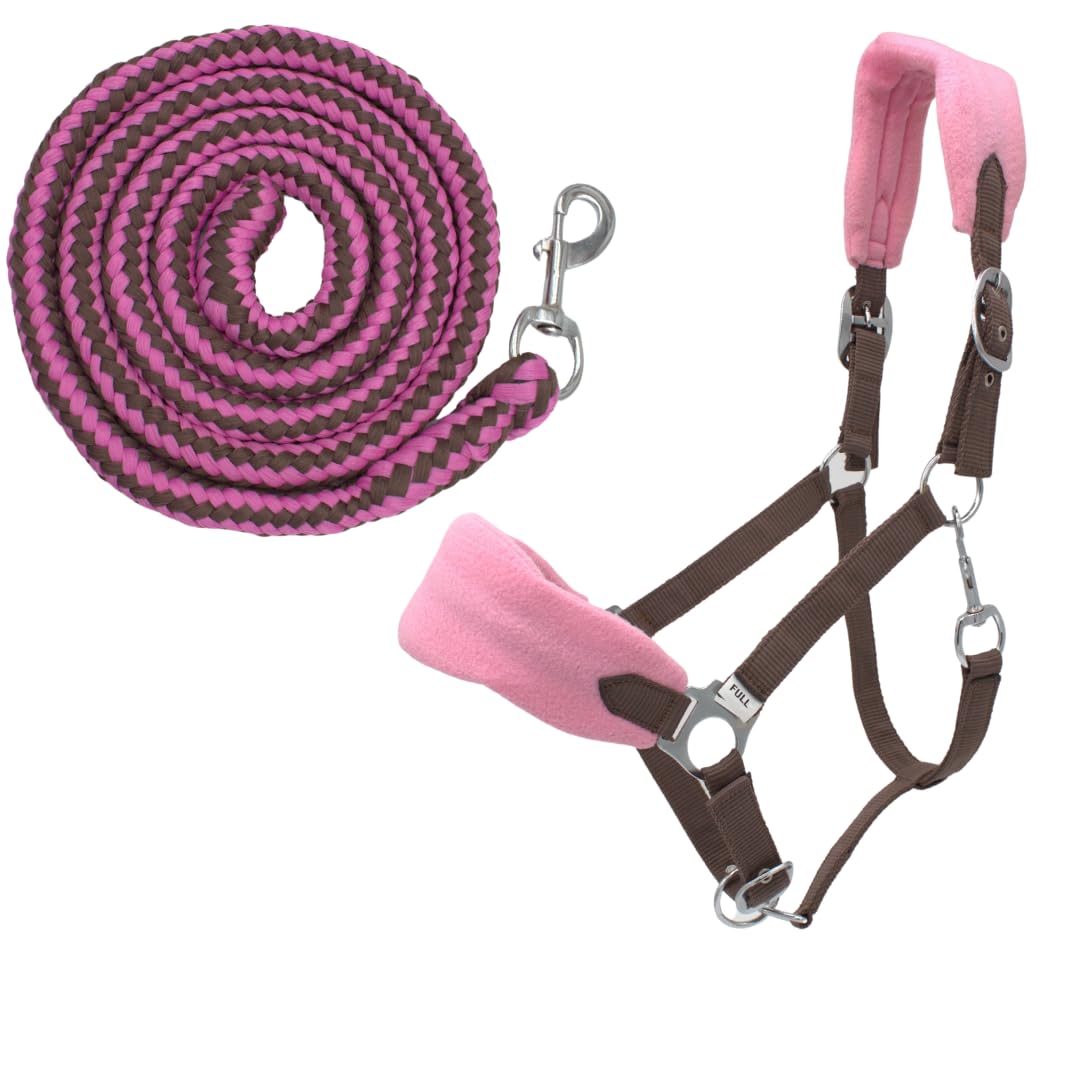 PFIFF Sunny 103103 Headcollar Set, 3-Piece Set with Headcollar, Knit and Fly Fringe, Individually Adjustable, Brown-Pink, Cob