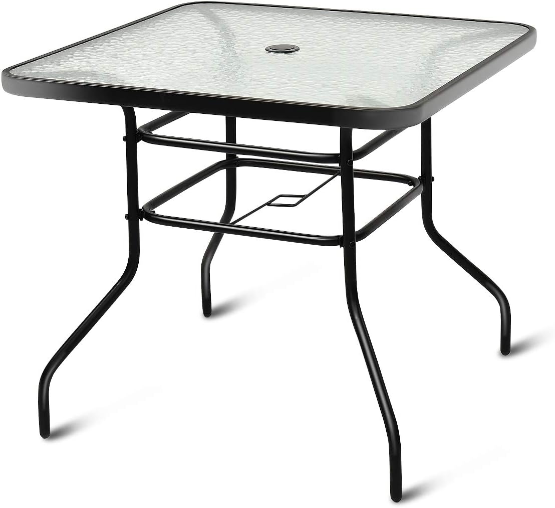 Tangkula Patio Table Outdoor Garden Balcony Poolside Lawn Glass Top Steel Frame All Weather Dining Bistro Table (Square Black 32"): Kitchen & Dining