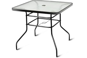 Tangkula Outdoor Dining Table with 2 inches Umbrella Hole, 32 inches Tempered Glass Top Square Patio Table, for Balcony, Backyard, Poolside and Sunroom