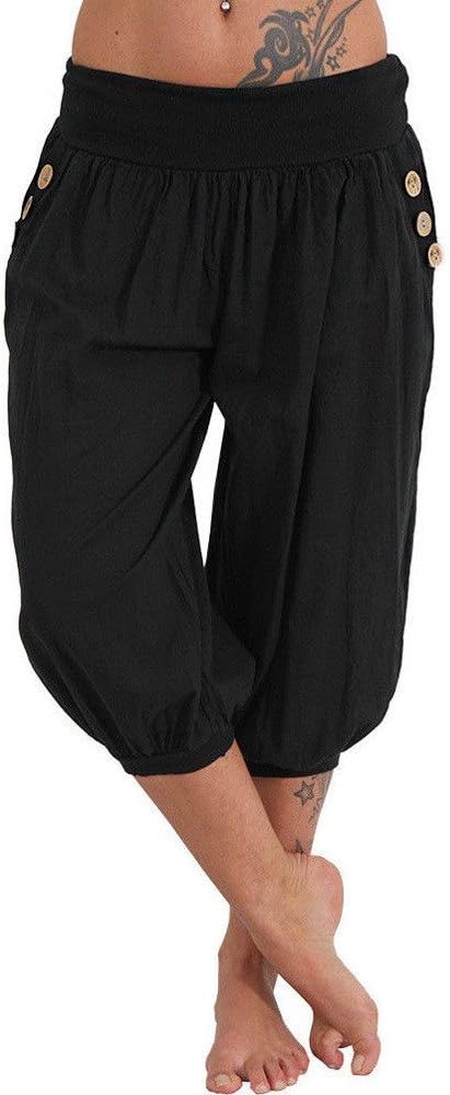 Mnyycxen Womens Casual Loose Plus Size Elastic Waist Cotton Trouser Cropped Wide Leg Pants