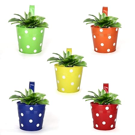 Truphe Round Dotted Railing Planter Flower Pots - (Red, Pink, Yellow, Blue, Orange) Set of 5