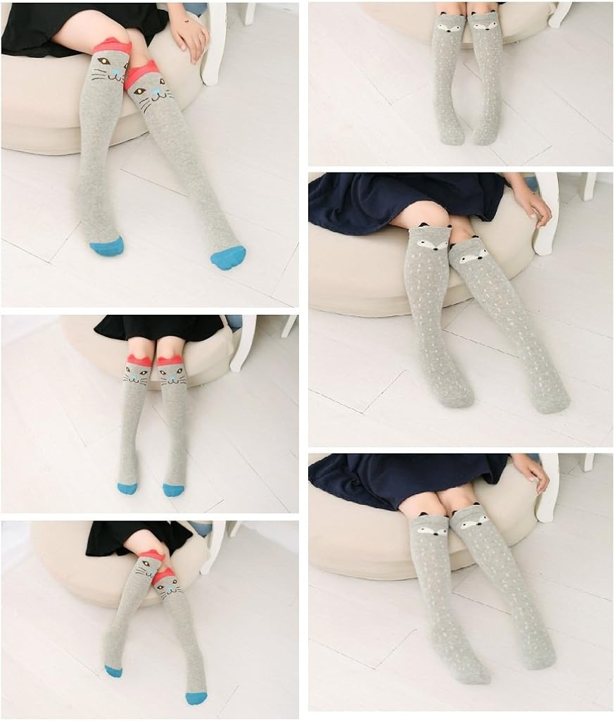 Cartoon Animal Cat Bear Fox Cotton over Calf Knee High Socks One Size 6 Colors: Clothing