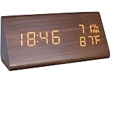 Lancoon Wooden Digital Alarm Clock Time Date 12/24H Sound Activation | Temperature Humidity Display 3 Level Brightness Desk Clocks Home Bedroom