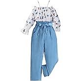 Asbabiy Girls' 2 piece outfit Butterfly Off-shoulder spaghetti Trim Top and Pants set 7-13 Years