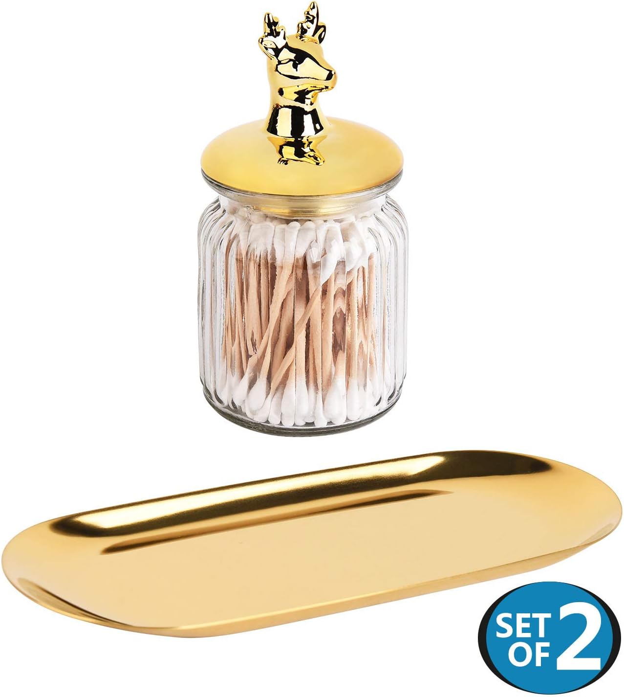 Qtip Dispenser Holder Bathroom Vanity Storage Organizer Canister Apothecary Jars with Tray Set for Cotton Swabs, Rounds, Balls, Makeup Sponges,Q-tips,Jewelry,Bath Salts Bathroom Accessories Items
