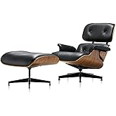 Mid Century Chaise Lounge Chair with Ottoman, Top Black Grain Leather, Modern Office Chair Classic Design, Heavy Duty Base Su