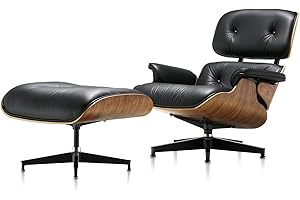Suluco Mid Century Chaise Lounge Chair with Ottoman, Top Black Grain Leather, Modern Office Chair Classic Design, Heavy Duty Base Support for Living Room Study Lounge Office
