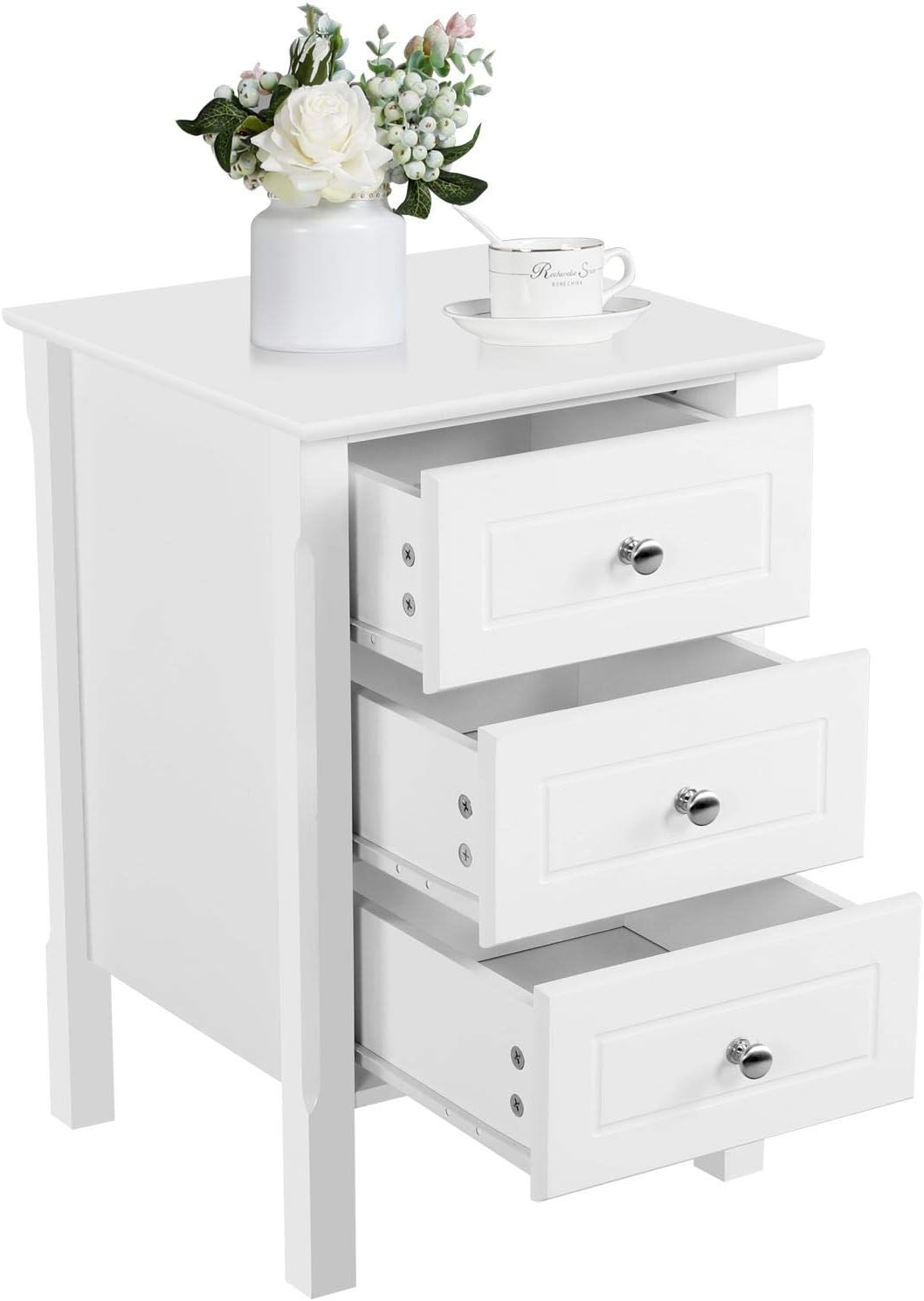 YAHEETECH White Wood Nightstand 3 Drawers Bedside Table Cabinet with Solid Wood Legs Bedroom Furniture: Furniture & Decor