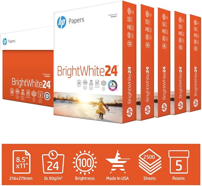 HP Printer Paper, Bright White Inkjet Copy Paper, 24lb, 8.5 x 11, Letter, 97 Bright 5 Pack