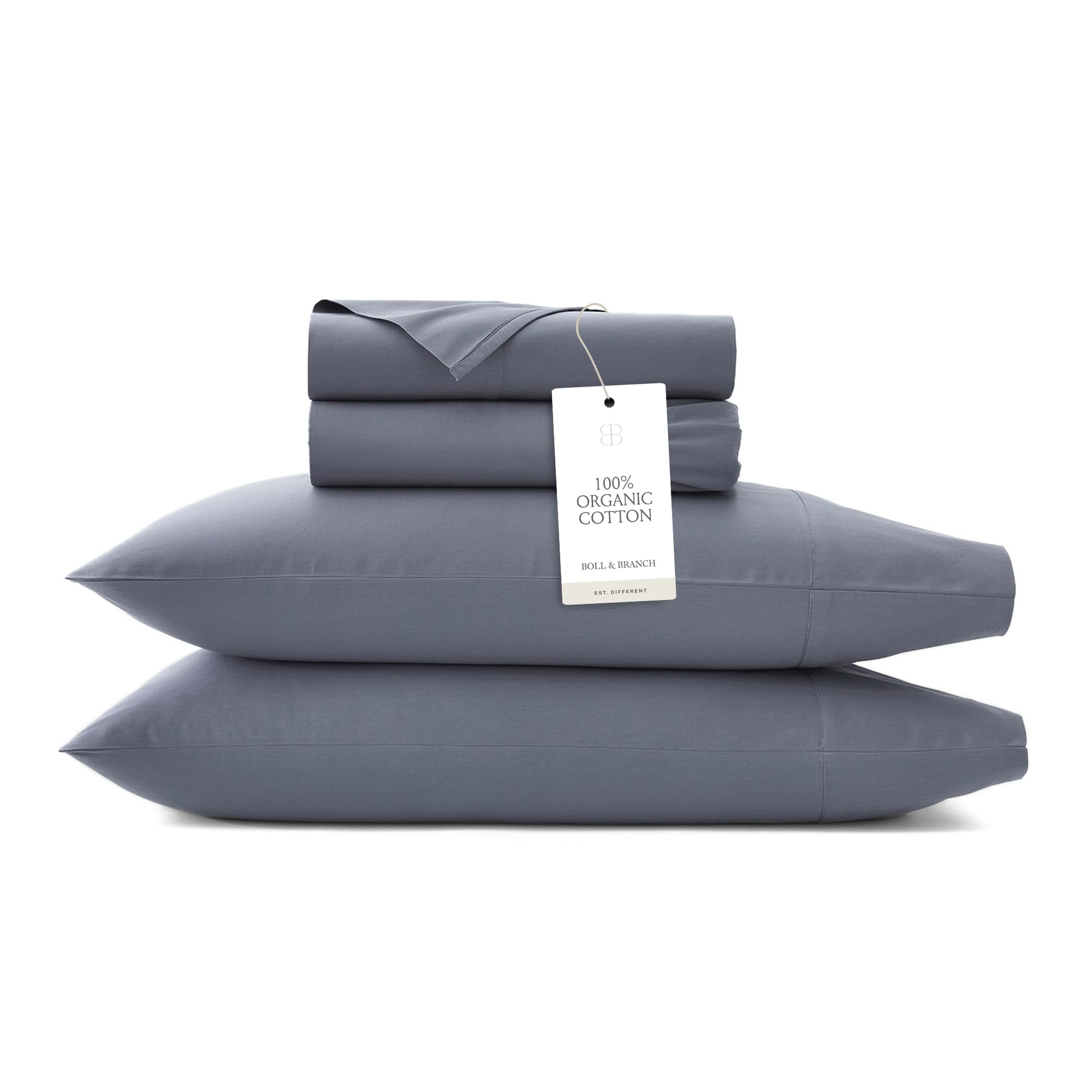 Photo 1 of BOLL & BRANCH Signature Hemmed Sheet Set - King, Mineral - Luxury 100% Organic Cotton - Includes 1 Flat, 1 Fitted, 2 Pillowcases - Buttery Soft
