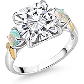 Gem Stone King 925 Silver and 10K Yellow Gold White Moissanite and White Opal 3 Stone Ring For Women (5.50 Cttw, Gemstone Birthstone, Cushion 10MM, Round Cabochon 4MM)