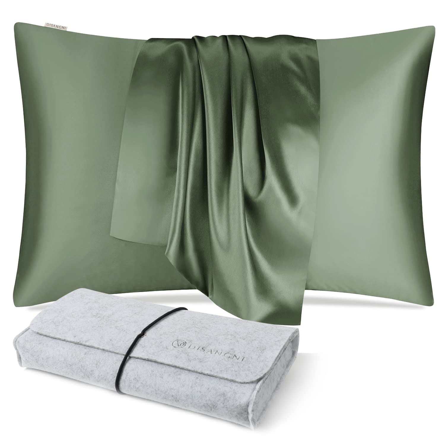 DISANGNI 100% Natural Mulberry Silk Pillow case for Hair and Skin with Hidden Zipper 22 Momme Both Sides Real Silk Pillow Case (1pc 51x66cm Green)