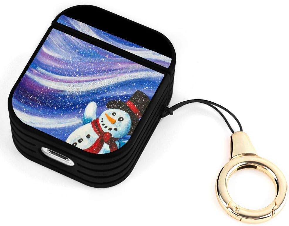 Black Silicone Striated Wireless Airpods Cover Protective Shockproof Case with Magnetic and Ring Snowman on Starry Night