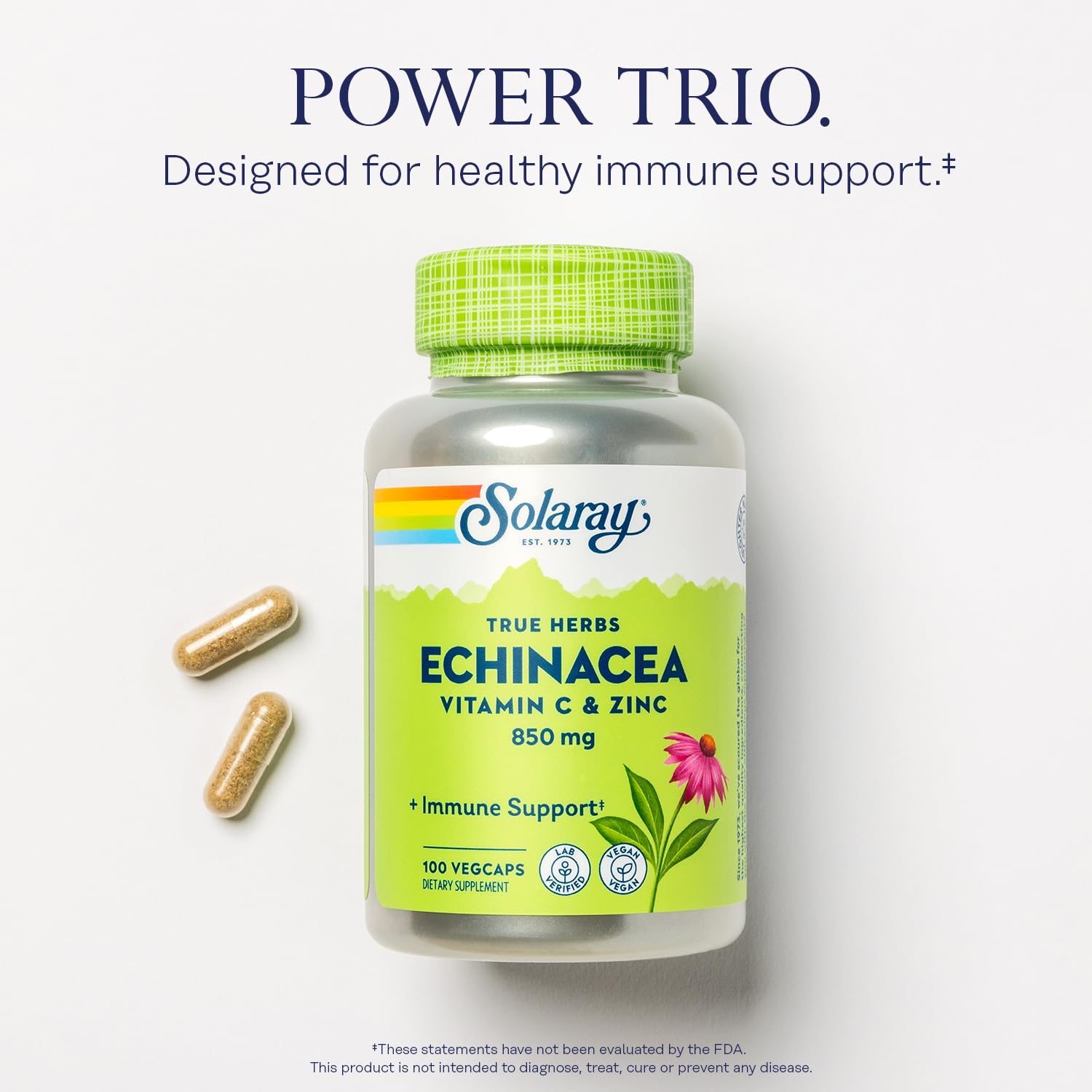 SOLARAY Echinacea Vitamin C & Zinc 850mg Plus Bioflavonoids, Echinacea Capsules for Healthy Immune Support, Vegan, Lab Verified, 60-Day Money-Back Guarantee, 50 Servings, 100 VegCaps