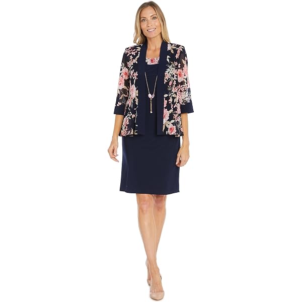 R&M Richards Women's Embellished Jacket Dress Set - Blue Lace Tank Dress With Beaded Neckline & Chiffon Cover-Up, Size 18