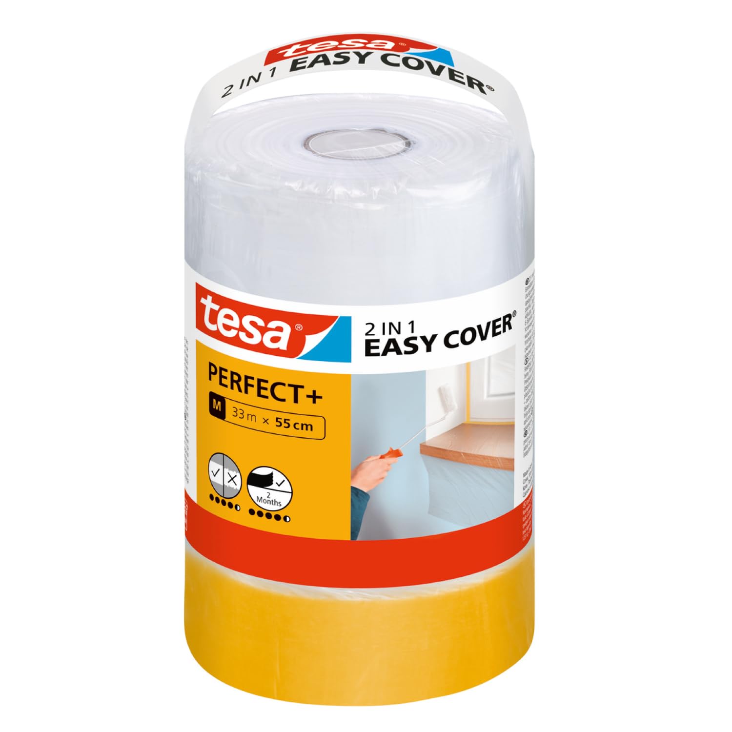 tesa Easy Cover Perfect+ Refill M - 2in1 Masking Film with Painter's Tape made of Washi Paper - for masking and covering during painting work - 33 m x 55 cm